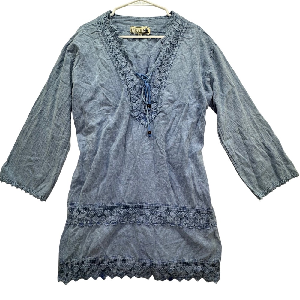 Seaspice Tunic Top Womens M Blue Cotton Crochet Lace Trim Boho Coastal Peasant